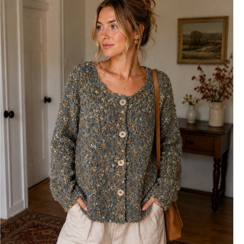 ALPS Womens Mohair Alpaca Cardigan Large Cottagecore Chunky Knit Soft Cozy